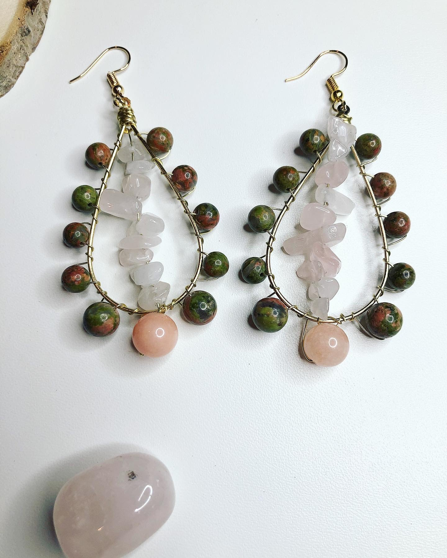 Unakite Bead Ladies Handmade Pierced Dangle Earrings Natural Green Peach Marbled 